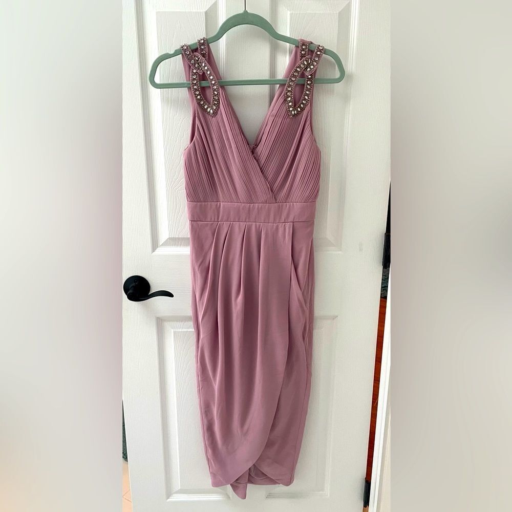 TFNC London Pink Blush Embellished Shoulder Detail Tulip Hem Midi Women’s Size S